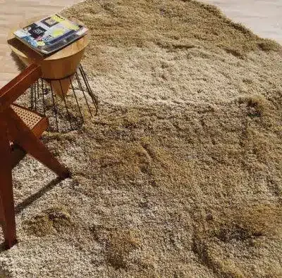 Close-up of a high-pile shaggy area rug in mixed tan and brown tones, showcasing the deep, plush, and luxurious texture.