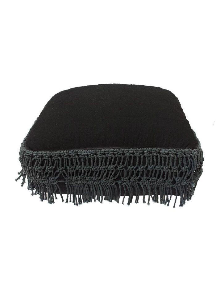 Black Color Cotton Fringes Pouf for Playroom - PF 044 (55x55x15cm) - Image 1