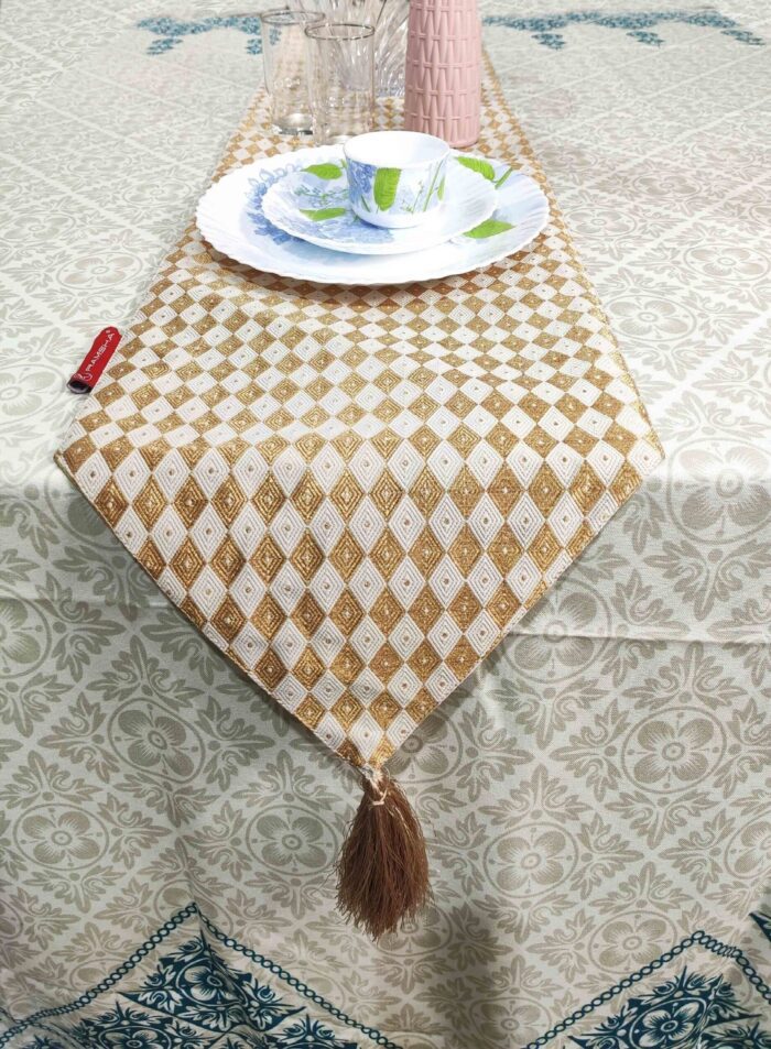White and Gold Polyester Table Runner with Tassel for Dining and Coffee Table - TR 025 (40x260cm) - Image 1