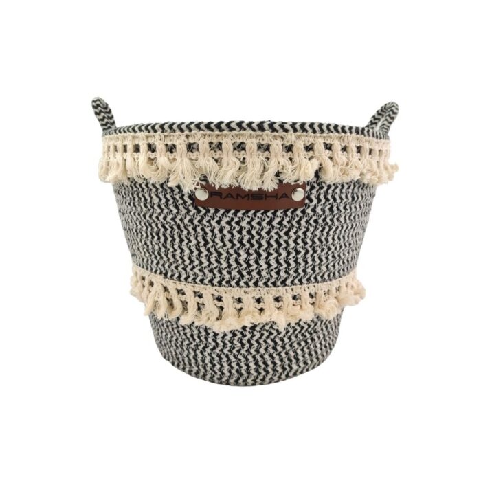 ⁦White and Black Handmade Cotton Basket with Handle for Kids Toy Storage - BS 009 (25x20x25cm)⁩ - الصورة ⁦1⁩