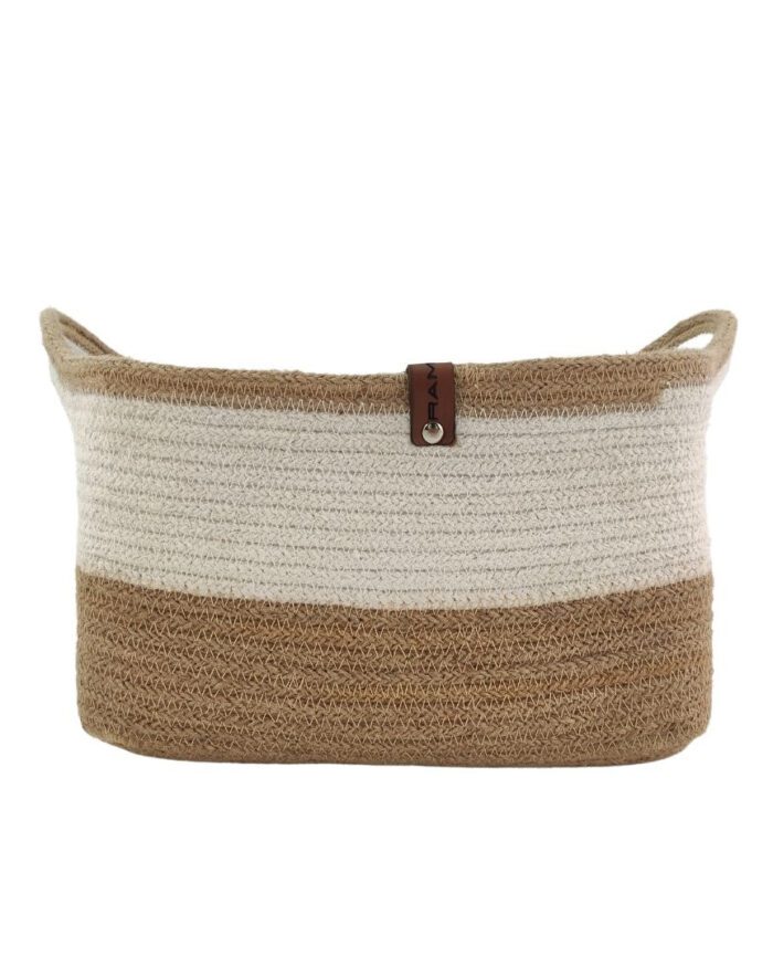 ⁦Natural and White Handmade Jute and Cotton Basket with Handle for Kids Toy Storage - BS 005 (30x20x20cm)⁩ - الصورة ⁦2⁩