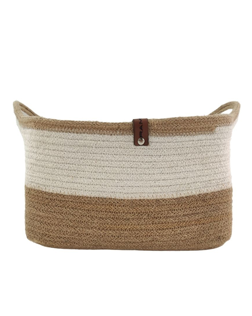 basket (dubai) Natural and White Handmade Jute and Cotton Basket with Handle for Kids Toy Storage - BS 005 (30x20x20cm) - الصورة 2