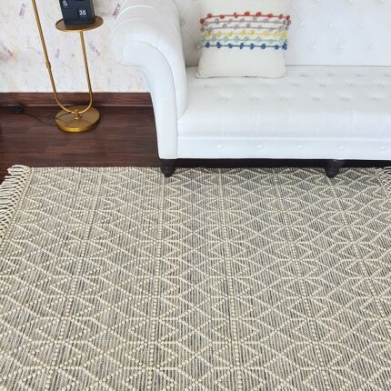 Handcrafted natural white color woven rug with fringes SRN 007 (170x240cm) by Ramsha Home