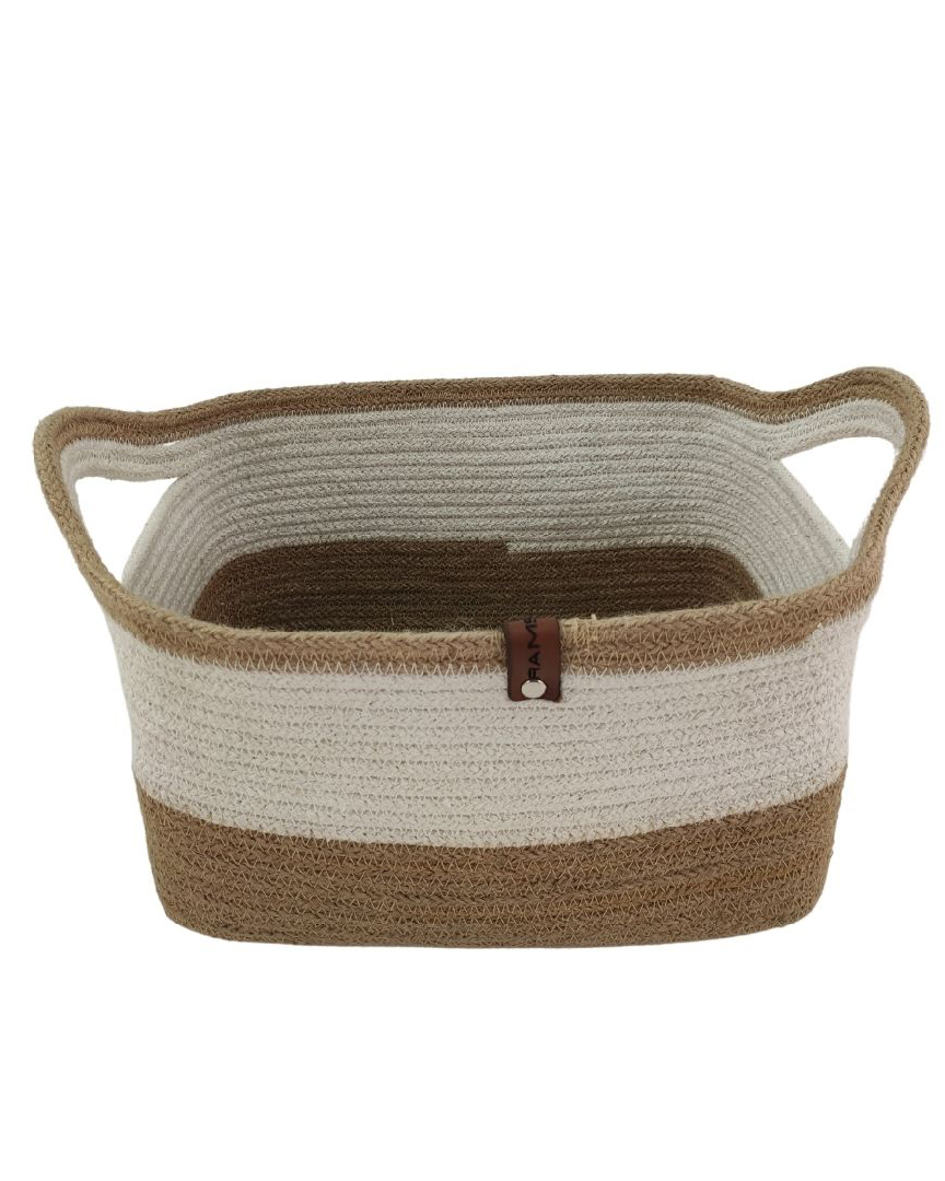 basket (dubai) Natural and White Handmade Jute and Cotton Basket with Handle for Kids Toy Storage - BS 005 (30x20x20cm) - الصورة 1