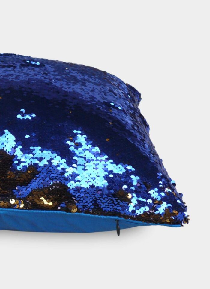 Stylish polyester cushion CS-033 featuring a magical color changing design, perfect for sofa, bed, living room decor in blue and gold color 40X40cm by Ramsha Home