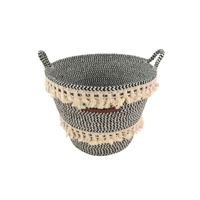 ⁦White and Black Handmade Cotton Basket with Handle for Kids Toy Storage - BS 009 (25x20x25cm)⁩ - الصورة ⁦2⁩