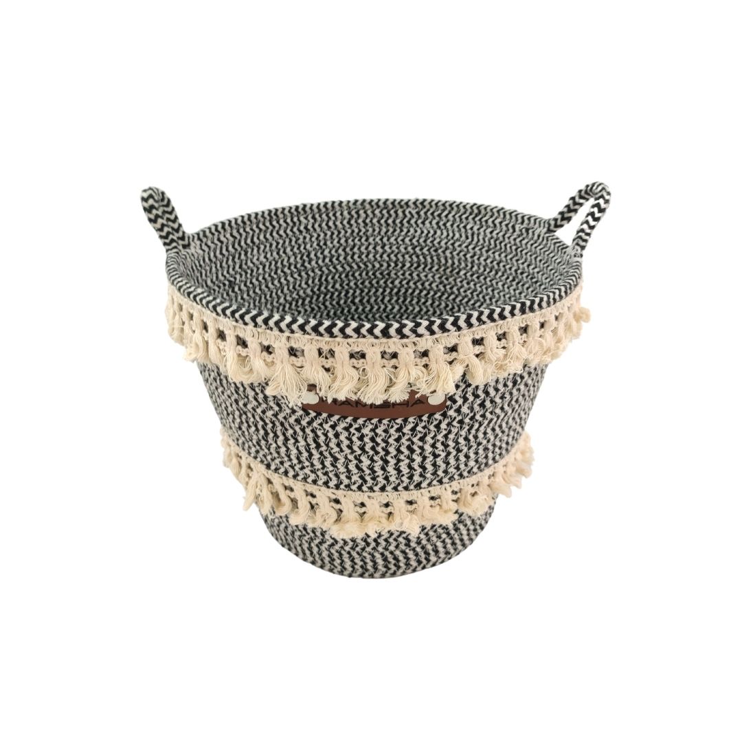 2-1-1.jpg White and Black Handmade Cotton Basket with Handle for Kids Toy Storage - BS 009 (25x20x25cm) - Image 2