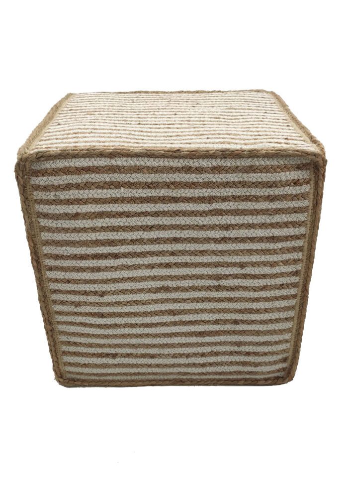 ⁦Natural & White Color Jute and Cotton Pouf - PF 003 (40x40x40cm)⁩ - الصورة ⁦3⁩
