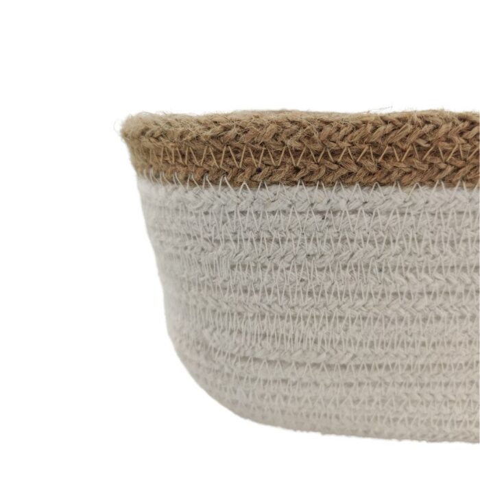 Natural and White Handmade Jute and Cotton Basket for Home Decor - BS 007 (30x20x10cm) - Image 3