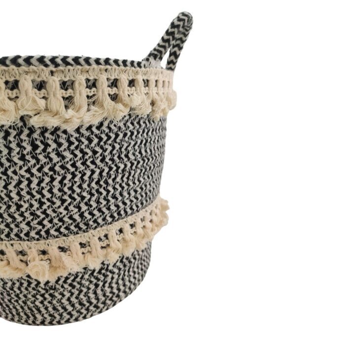 ⁦White and Black Handmade Cotton Basket with Handle for Kids Toy Storage - BS 009 (25x20x25cm)⁩ - الصورة ⁦3⁩