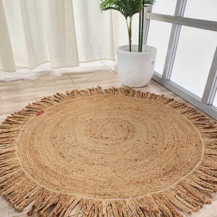 Handmade natural braided jute floor round rug with fringes BR 015 (90cm) by Ramsha Home