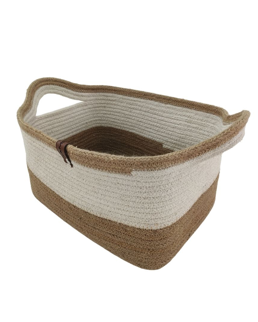 basket (dubai) Natural and White Handmade Jute and Cotton Basket with Handle for Kids Toy Storage - BS 005 (30x20x20cm) - الصورة 3