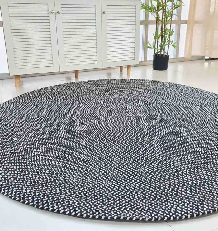 Luxurious Handmade Black & White Color Cotton Round Rug - BR 007 (90cm)