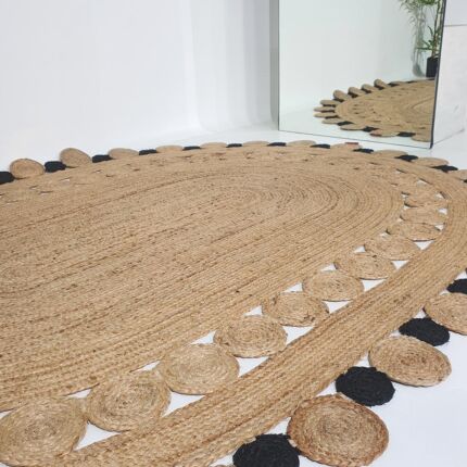 Close-up Side View Handcrafted Oval Jute Floor Rug - Natural and Black Color, Perfect for Home Decor by Ramsha Home