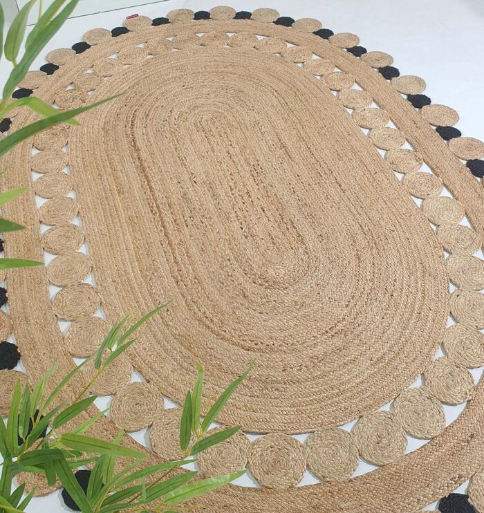 Top View Handcrafted Oval Jute Floor Rug - Natural and Black Color, Ideal for Home Decor by Ramsha Home