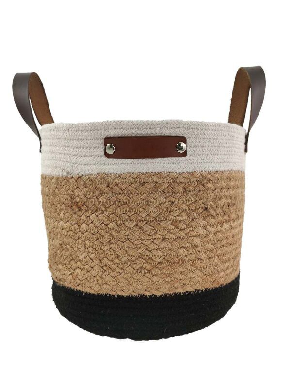 BS-010 (2) White, Natural, and Black Handmade Jute and Cotton Basket with Leather Handle - BS 010 (25x25cm) - Image 1