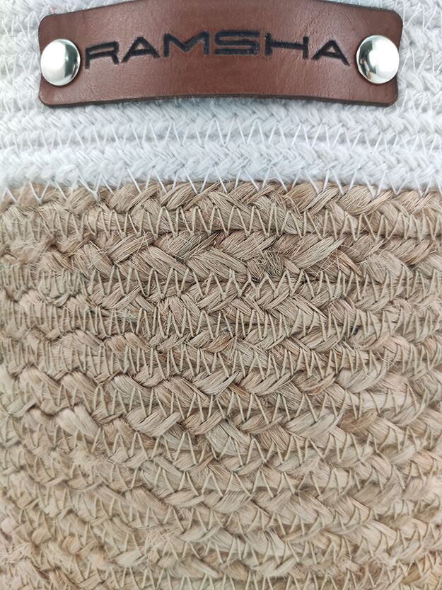 DEDS White, Natural, and Black Handmade Jute and Cotton Basket with Leather Handle - BS 010 (25x25cm) - Image 4