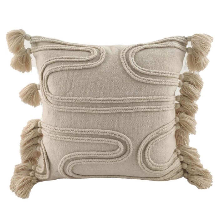 ⁦Natural & White Color Cotton Embroidery Cushion with Tassel for Home Decor, Bedroom, Car - CS 009 (40x40cm)⁩ - الصورة ⁦1⁩