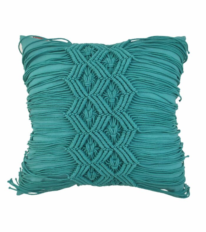 ⁦Turquoise Cotton Macrame Cushion with Fringes for Couch, Window Seat - CS 037 (60x60cm)⁩ - الصورة ⁦1⁩