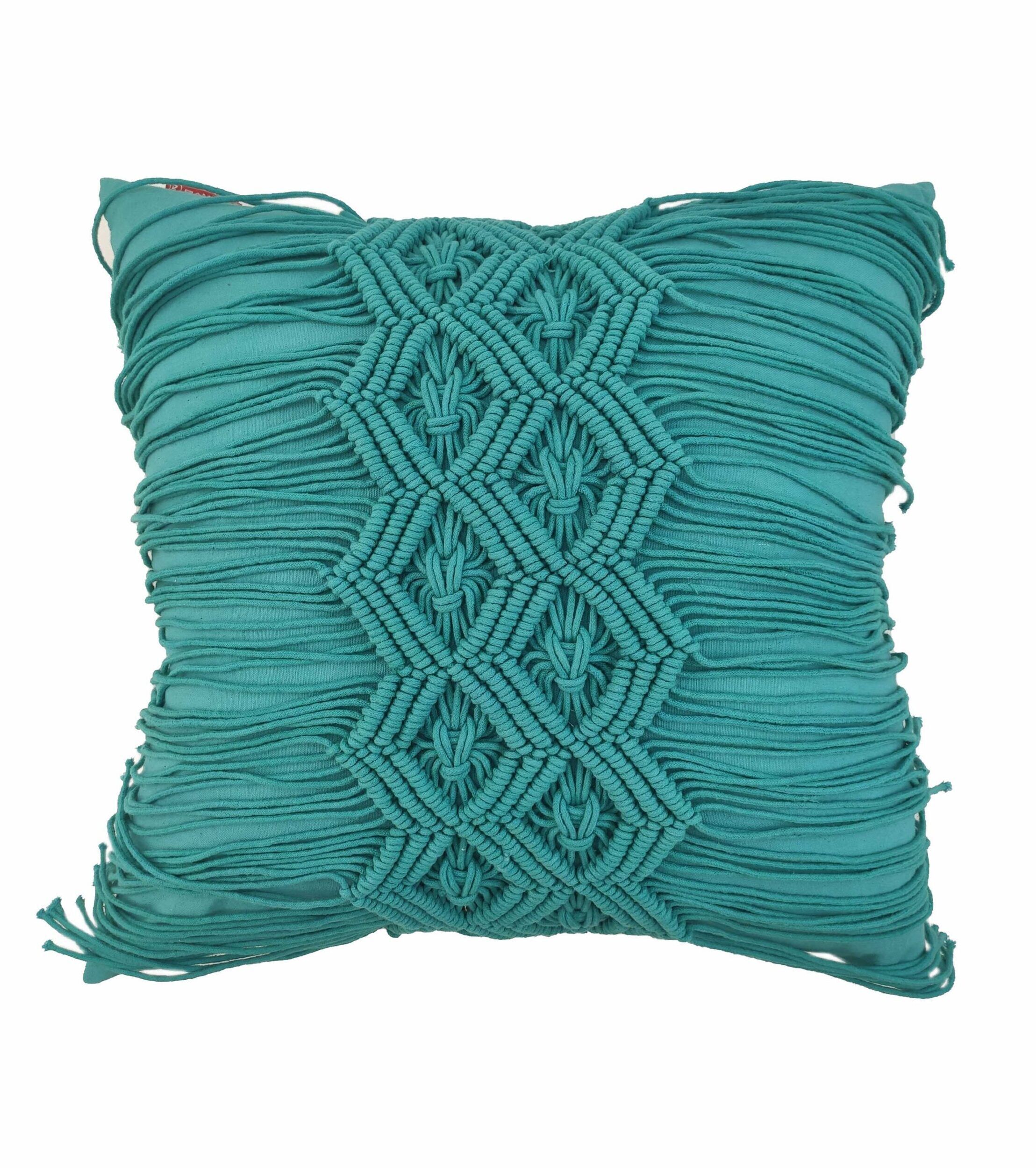 IMG_20211112_151756-scaled-1-2217x2500-1.jpg Turquoise Cotton Macrame Cushion with Fringes for Couch, Window Seat - CS 037 (60x60cm) - الصورة 1