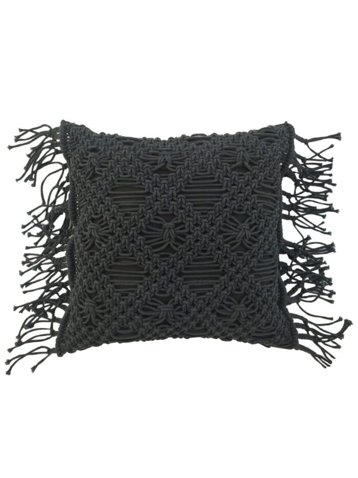Black Cotton Macrame Cushion Cover with Fringes for Couch and Window Seat - CS 039 (45x45cm) - Image 1