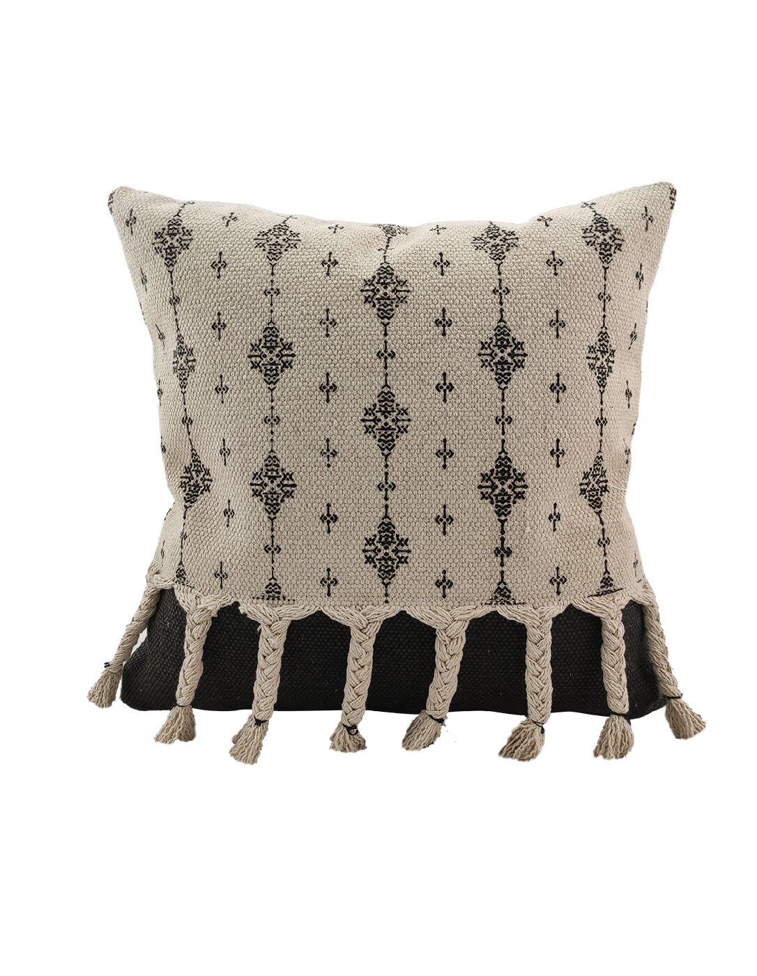 IMG_20220714_153820-1086x1400-1.jpg White and Black Color Cotton Cushion with Fringes for Window Seat, Floor - CS 172 (45x45cm) - Image 1