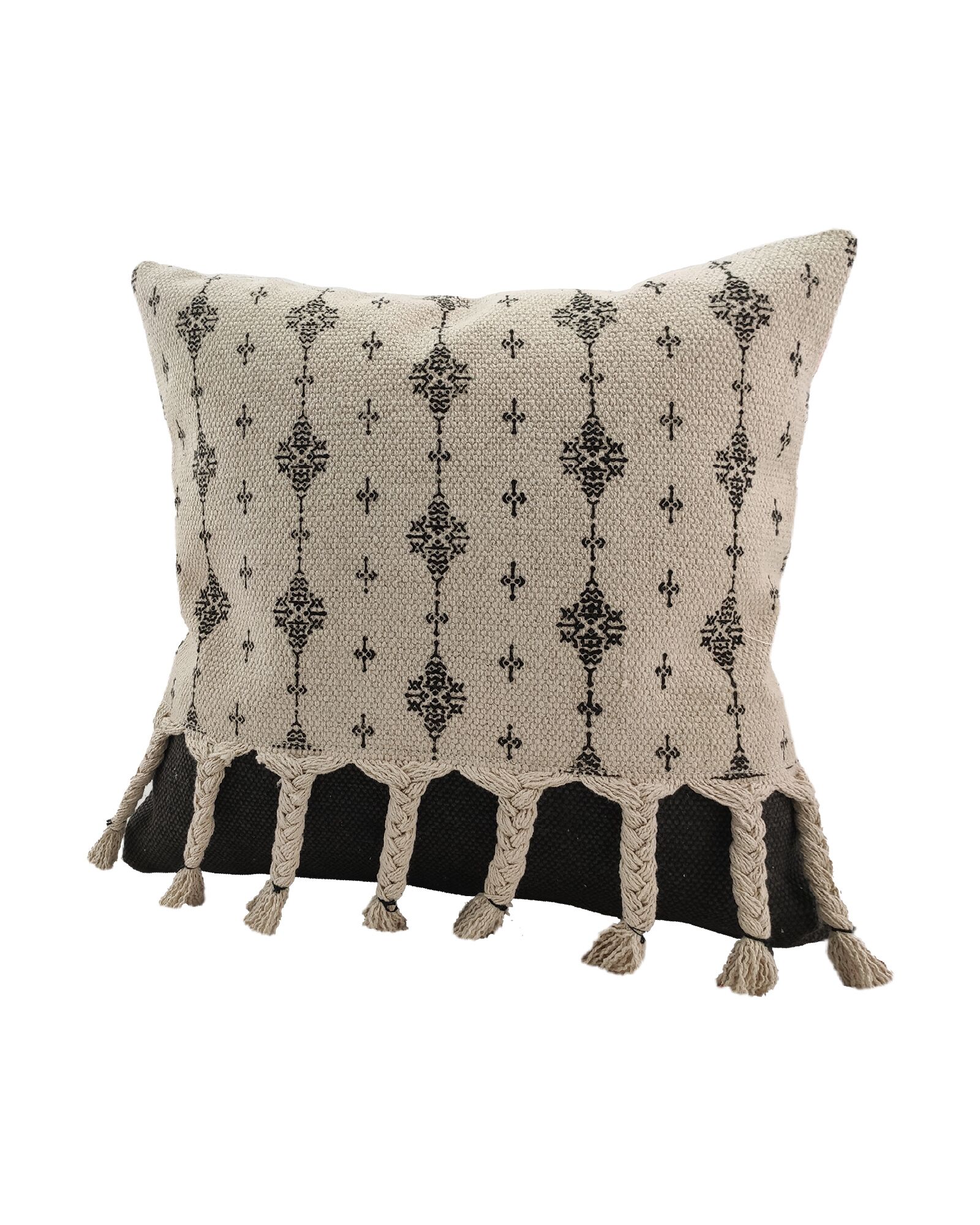IMG_20220714_153821-1-1600x2000-1.jpg White and Black Color Cotton Cushion with Fringes for Window Seat, Floor - CS 172 (45x45cm) - Image 2