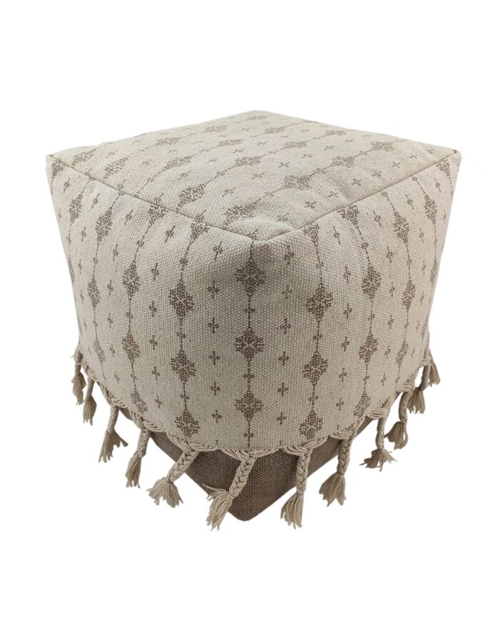 White and Beige Color Cotton Playroom Pouf with Tassel - PF 077 (40x40x40cm) - Image 1