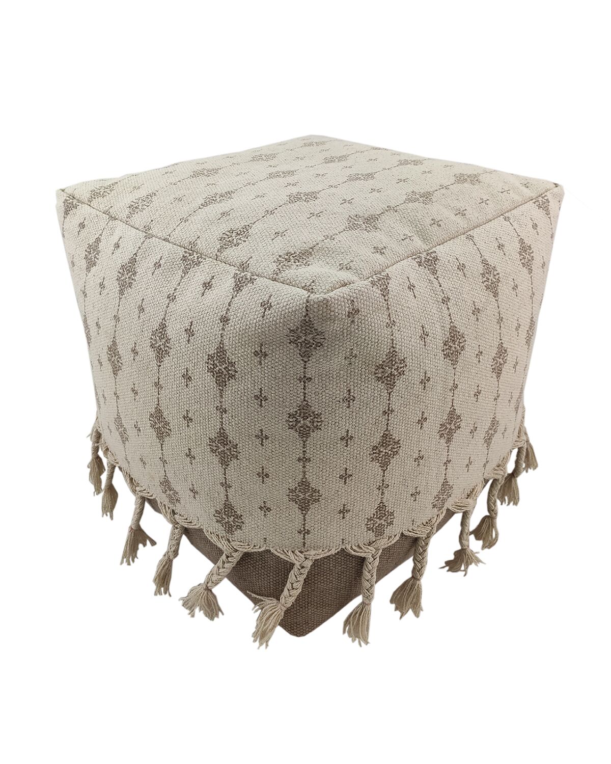 IMG_20220716_104625.jpg White and Beige Color Cotton Playroom Pouf with Tassel - PF 077 (40x40x40cm) - Image 1