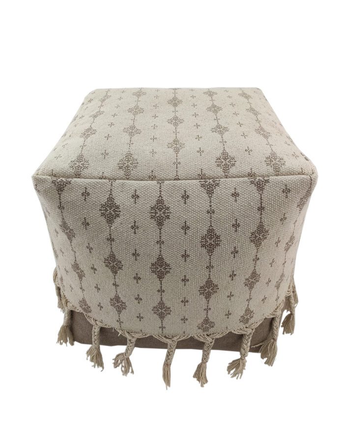 White and Beige Color Cotton Playroom Pouf with Tassel - PF 077 (40x40x40cm) - Image 2