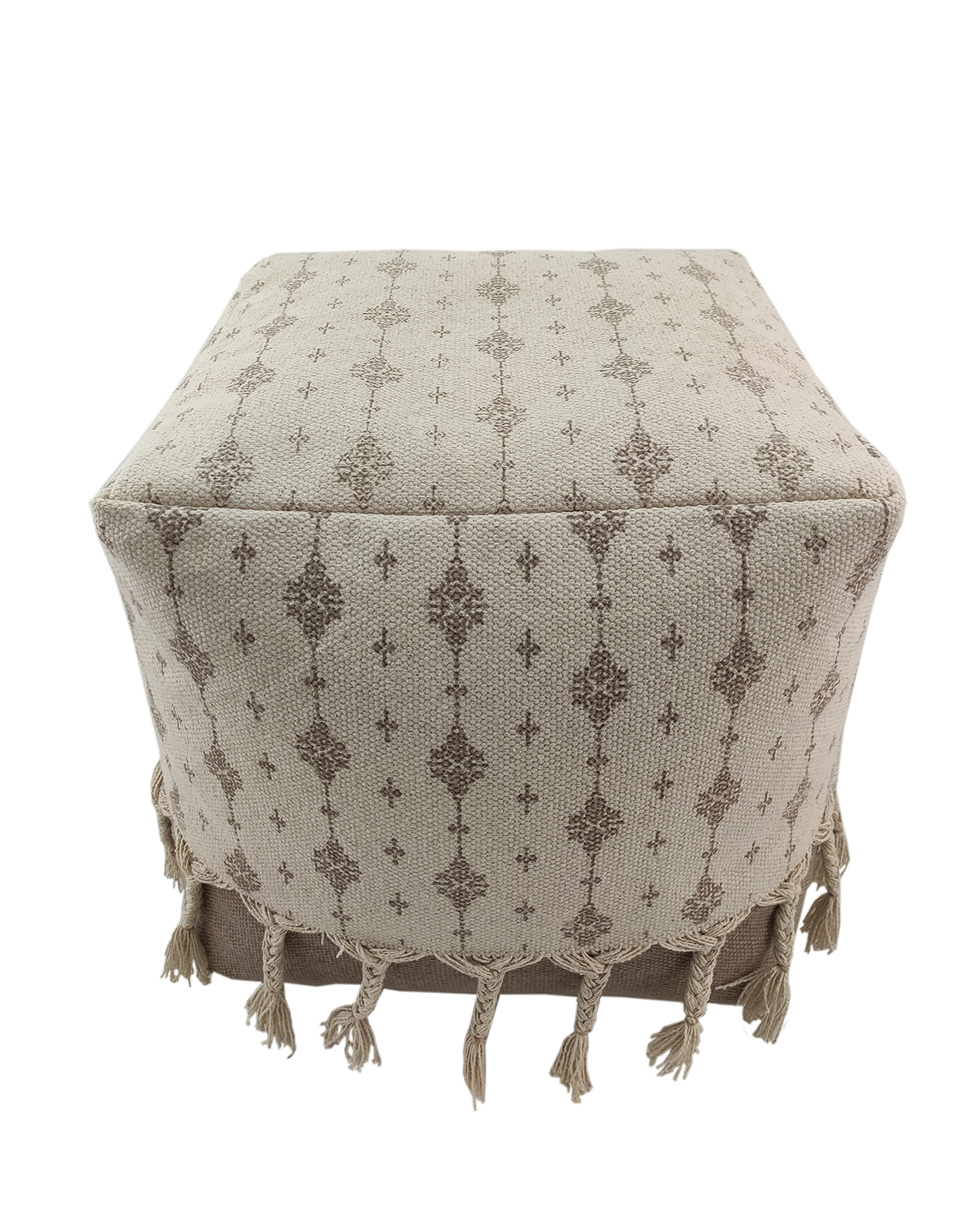 IMG_20220716_104626.jpg White and Beige Color Cotton Playroom Pouf with Tassel - PF 077 (40x40x40cm) - Image 2