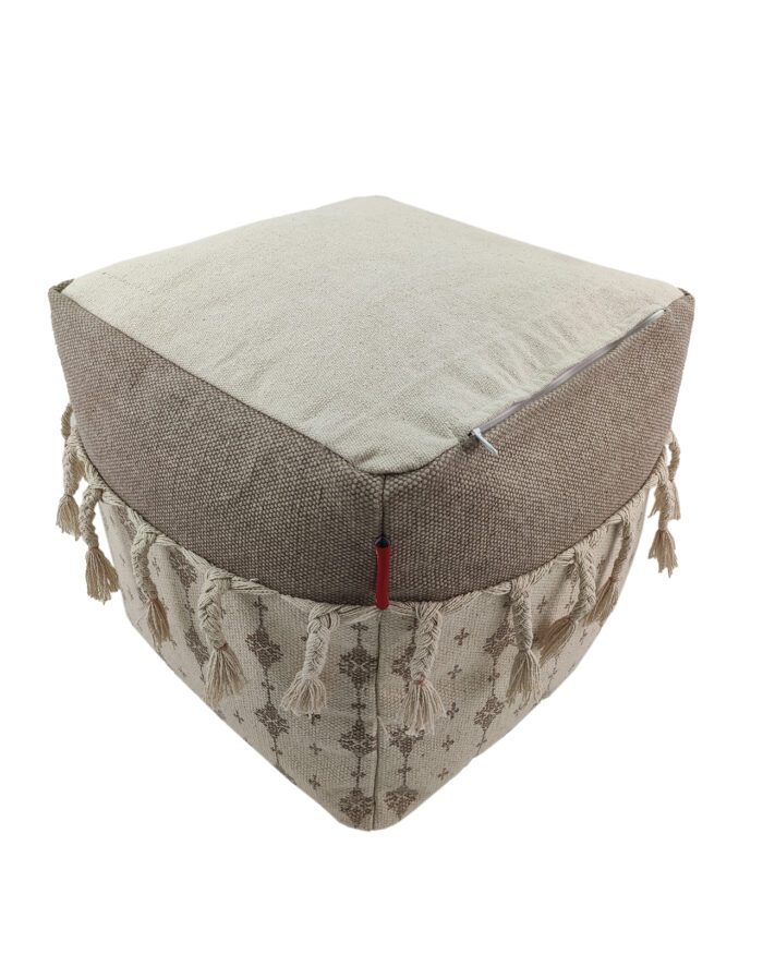 White and Beige Color Cotton Playroom Pouf with Tassel - PF 077 (40x40x40cm) - Image 4