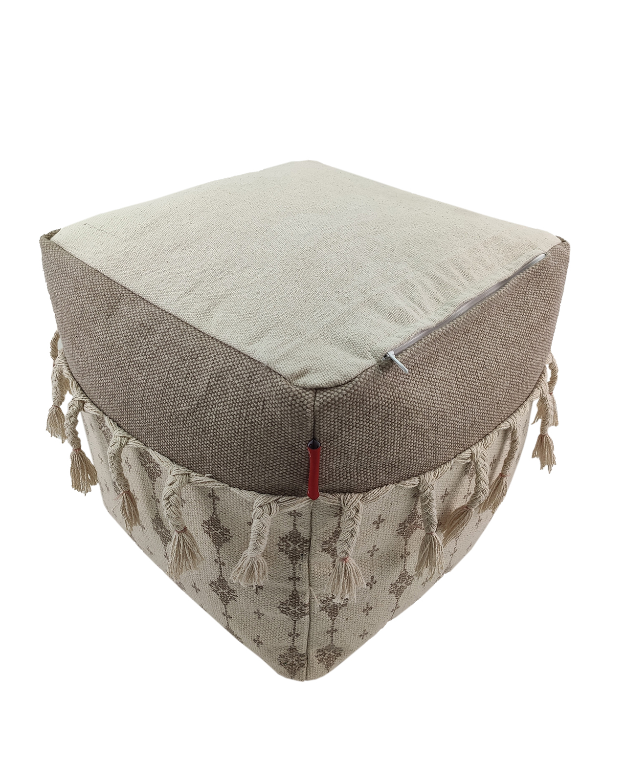 IMG_20220716_104627.jpg White and Beige Color Cotton Playroom Pouf with Tassel - PF 077 (40x40x40cm) - Image 4