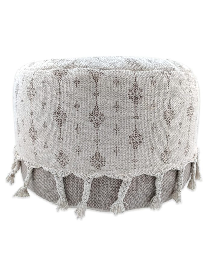 White and Beige Color Cotton Playroom Pouf with Tassel - PF 077 (50x50x30cm) - Image 2