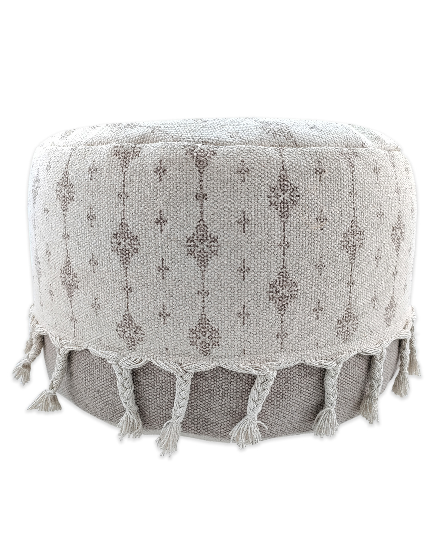 IMG_20220810_113838.jpg White and Beige Color Cotton Playroom Pouf with Tassel - PF 077 (50x50x30cm) - Image 2