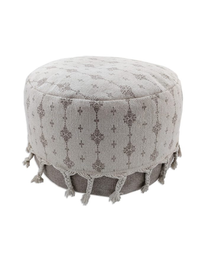 White and Beige Color Cotton Playroom Pouf with Tassel - PF 077 (50x50x30cm) - Image 1