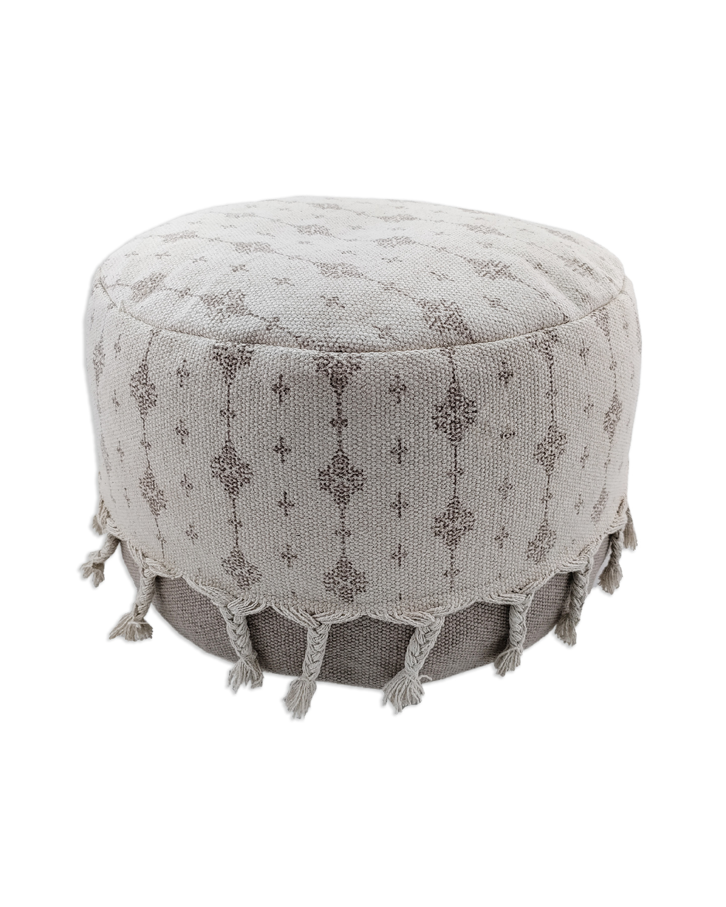 IMG_20220810_113840.jpg White and Beige Color Cotton Playroom Pouf with Tassel - PF 077 (50x50x30cm) - Image 1