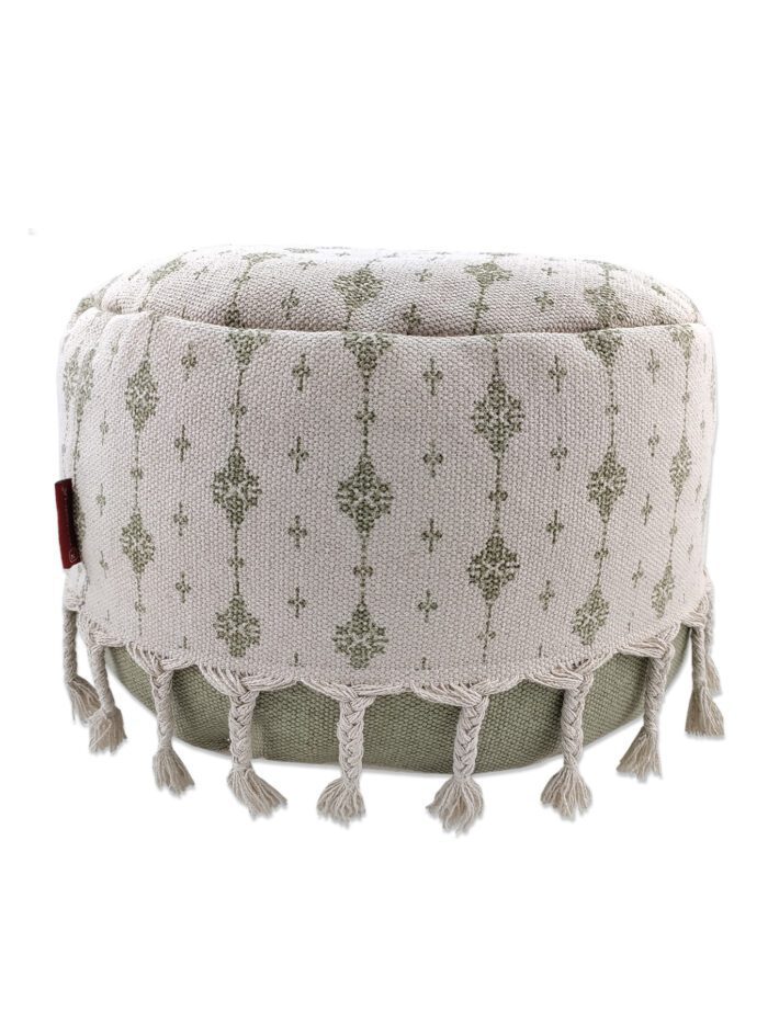 White and Green Color Study Room Pouf with Tassel - PF 076 (50x50x30cm) - Image 2