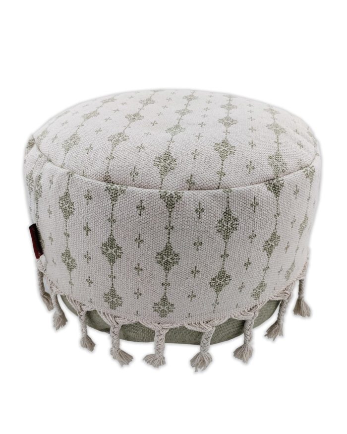 White and Green Color Study Room Pouf with Tassel - PF 076 (50x50x30cm) - Image 1