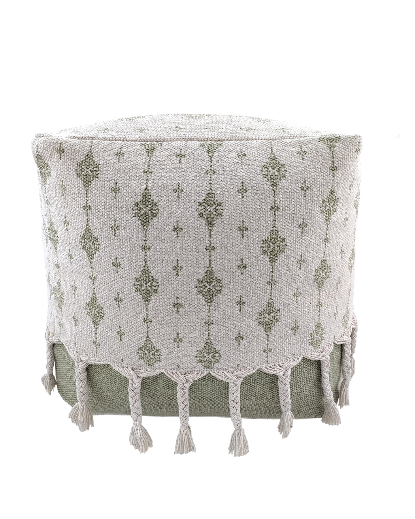 IMG_20220810_114004.jpg White and Green Color Study Room Pouf with Tassel - PF 076 (40x40x40cm) - الصورة 2