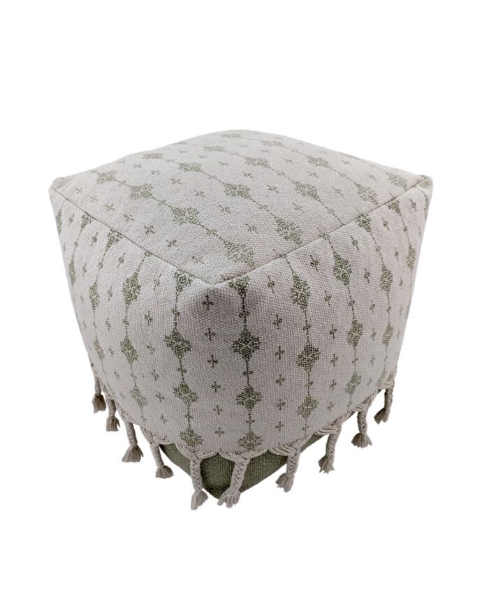 ⁦White and Green Color Study Room Pouf with Tassel - PF 076 (40x40x40cm)⁩ - الصورة ⁦1⁩