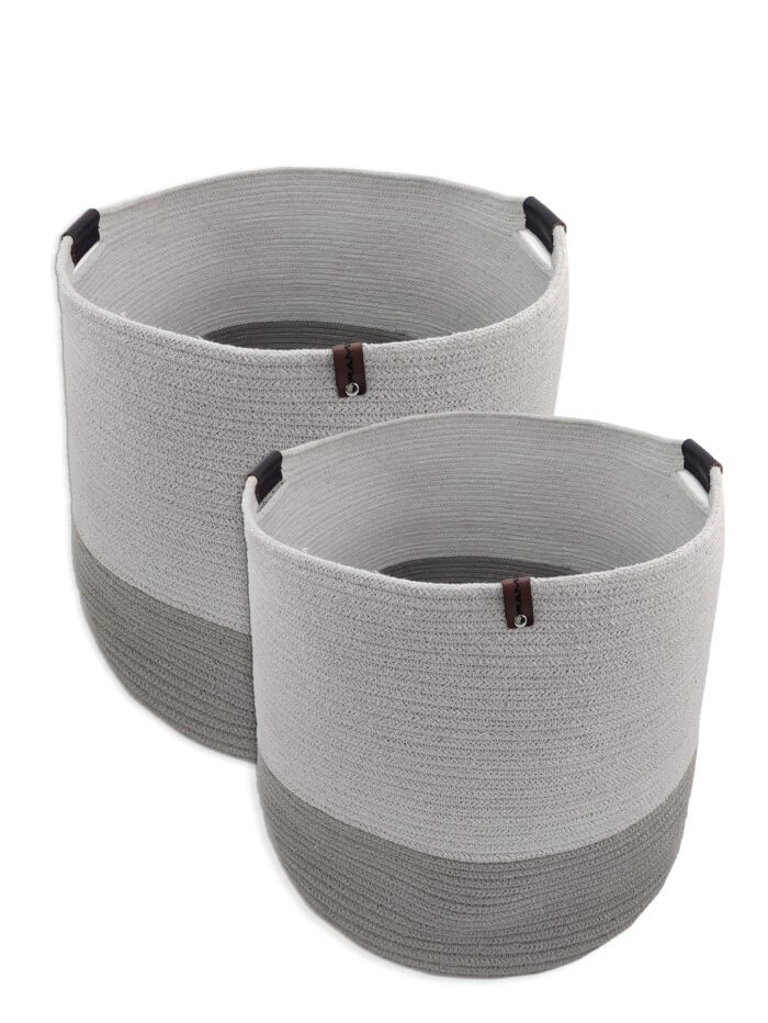 White & Grey Handmade Cotton Basket with Handle - BS 019 - Image 4