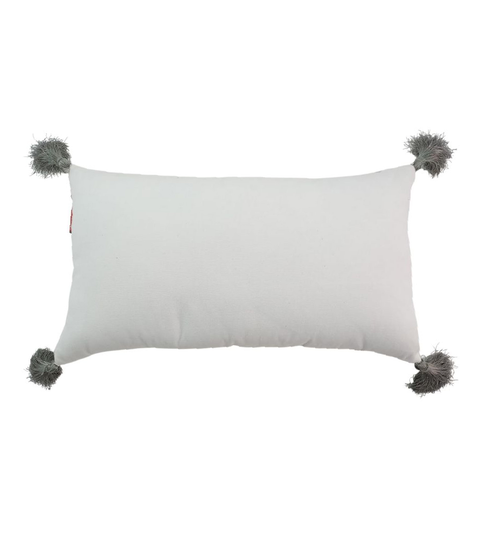 Modern 30x90cm Polyester Cushion with Filler, Tassels, and White and Grey Color (CS-139) for Window Seating and Cafes by Ramsha Home Modern 30x90cm polyester cushion in white and grey with tassels and filler, CS-139, designed for window seating and cafe areas by Ramsha Home.