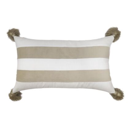 Contemporary 30x50cm polyester cushion with white and light beige color, tassels, and filler, CS-136, perfect for indoor and outdoor use by Ramsha Home.