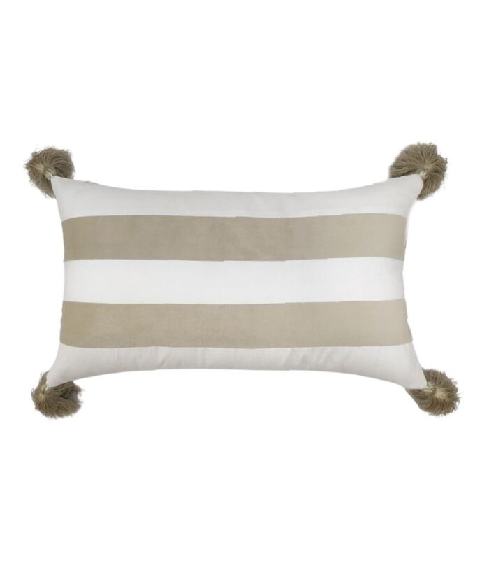 Contemporary 30x50cm polyester cushion with white and light beige color, tassels, and filler, CS-136, perfect for indoor and outdoor use by Ramsha Home.