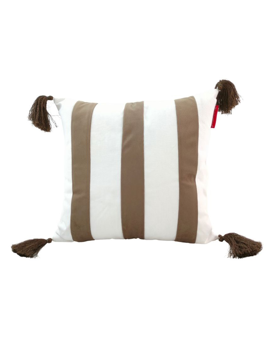 Stylish 45x45cm White and Brown Polyester Cushion with Filler and Tassels (CS-138) for Indoor and Outdoor Decor by Ramsha Home Stylish 45x45cm white and brown polyester cushion with tassels, CS-138, perfect for indoor and outdoor decor by Ramsha Home.