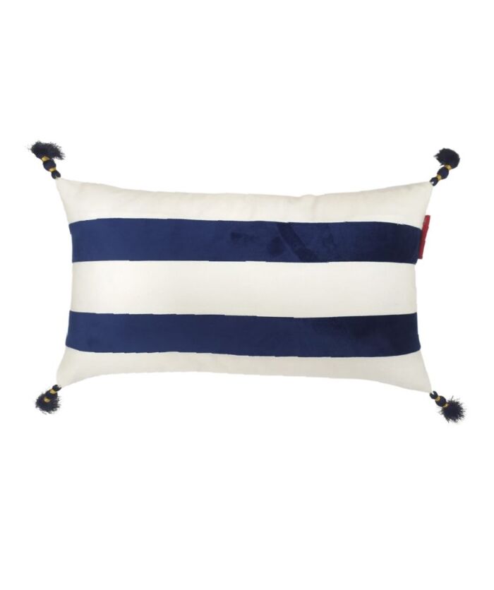 Chic 30x50cm polyester cushion with tassel accents in cafe white and blue, CS-137, ideal for enhancing window seats by Ramsha Home.