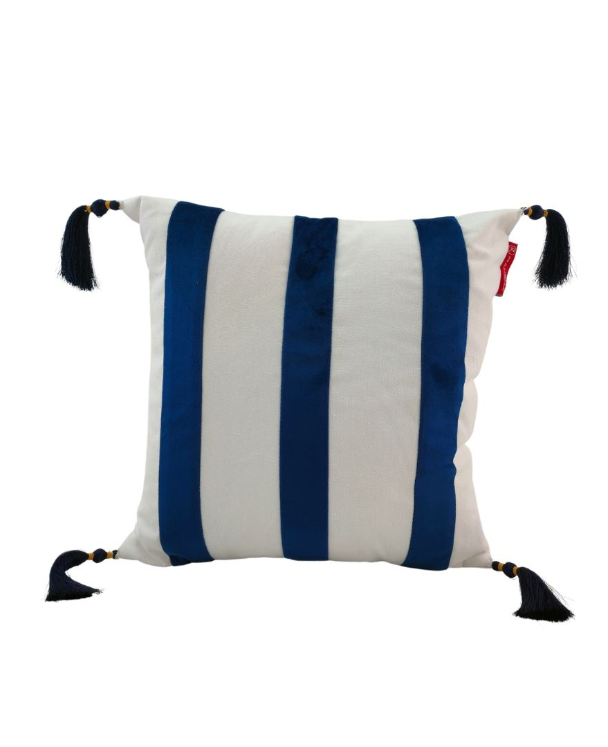 Trendy 45x45cm Polyester Cushion with Filler, Tassels, and White and Blue Color Scheme (CS-137) for Cafes and Window Seating by Ramsha Home Trendy 45x45cm polyester cushion with white and blue colors, tassels, and filler, CS-137, designed for cafes and window seating by Ramsha Home.