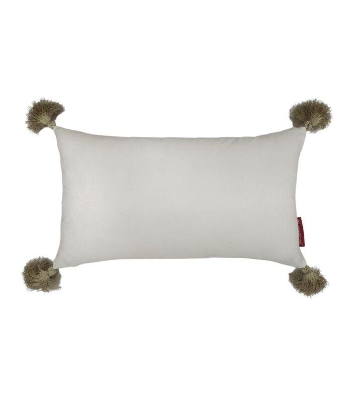 Refined 30x50cm polyester cushion in white and light beige with tassels and filler, CS-136, ideal for indoor and outdoor decor by Ramsha Home.