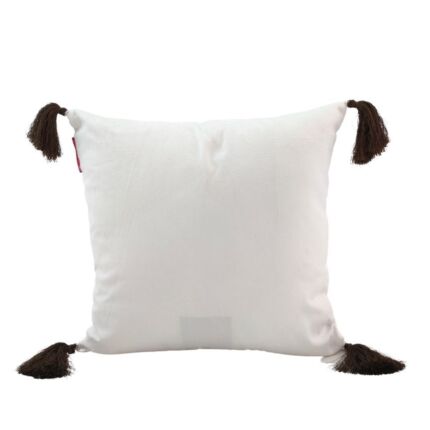 Decorative 45x45cm polyester cushion in white and brown with tassels, CS-138, suitable for indoor and outdoor use by Ramsha Home.